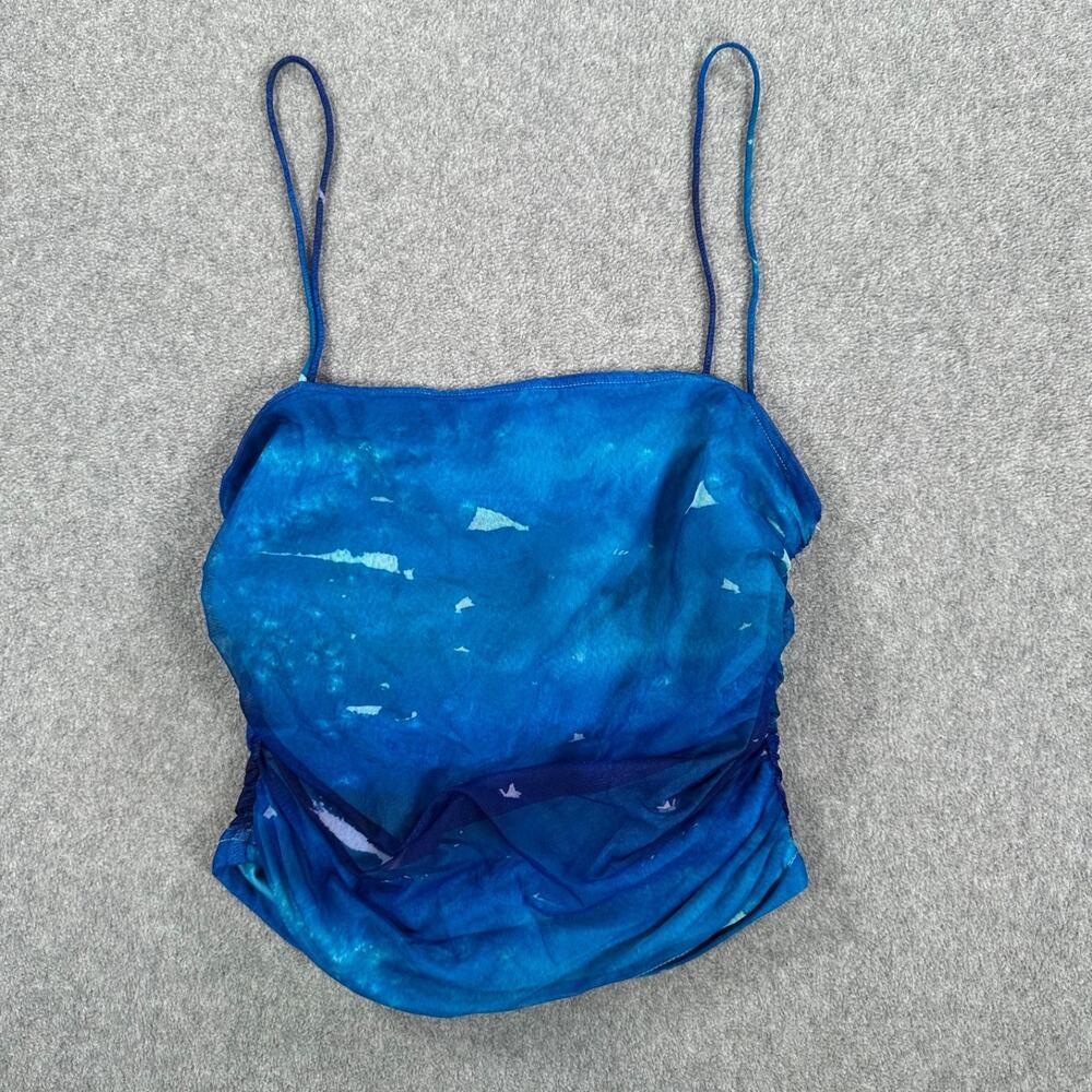Superdown Lissie Cami Tank Top Size Small Blue Ruched Mesh Spaghetti Strap Fairy